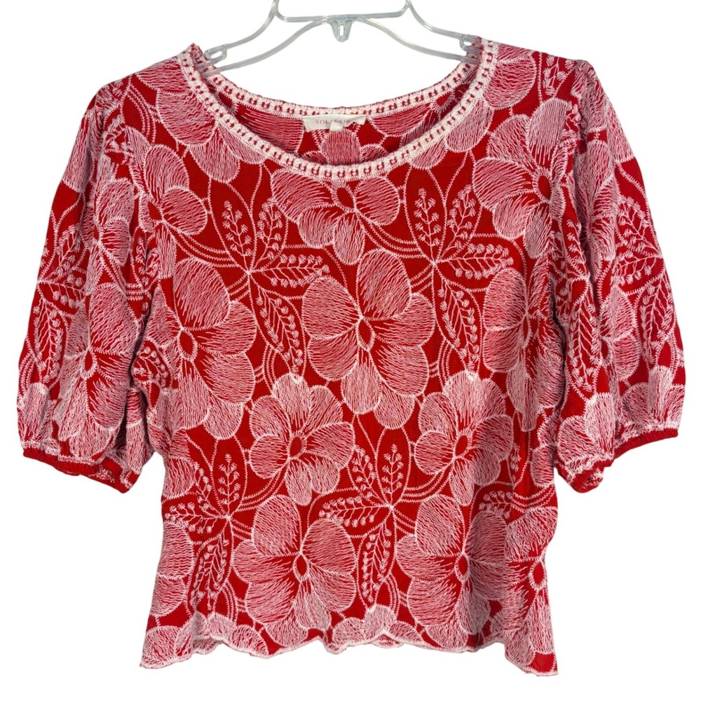 Solitaire Floral Embroidered Blouse Large Red Excellent Puff Sleeve